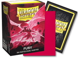 A box of Arcane Tinmen Dragon Shield: Standard 100ct Sleeves - Fury (Dual Matte) is shown. The box features red and yellow fiery artwork on the front with a yellow label displaying "Dragon Shield." Beside the box are two TCG card sleeves: one red and the other showcasing the back design in black with a yellow border.