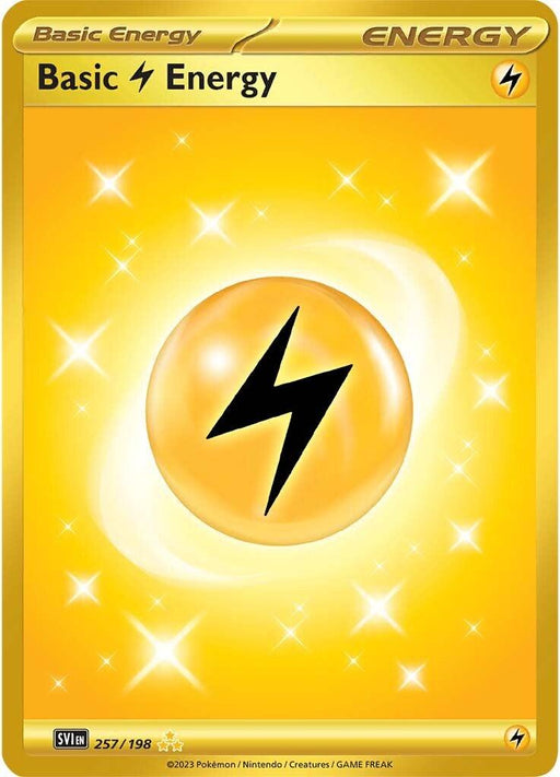 A Pokémon card from the Base Set titled "Lightning Energy (257/198) [Scarlet & Violet: Base Set]" features an electric energy symbol at its core—represented by a black lightning bolt inside a yellow orb. The vibrant gradient of yellow is adorned with glowing stars, and the card number "257/198" along with other symbols are displayed at the bottom.