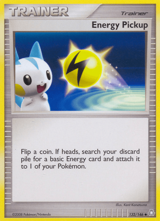 Image of an Uncommon Pokémon Trainer card from the Legends Awakened set called "Energy Pickup (132/146) [Diamond & Pearl: Legends Awakened]." The card features an illustration of a Pachirisu, a small squirrel-like Pokémon with white fur and blue markings, next to a glowing yellow Energy symbol with a black lightning bolt. The card text describes a coin-flip action to retrieve an Energy card.