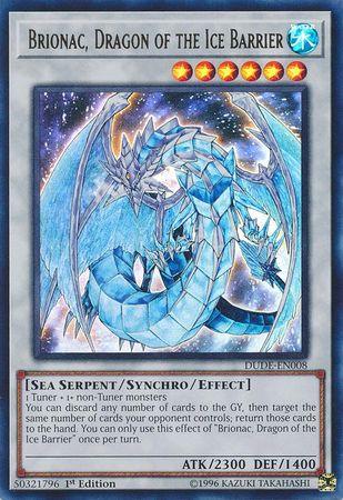 An illustration of the Yu-Gi-Oh! card "Brionac, Dragon of the Ice Barrier [DUDE-EN008] Ultra Rare". This Synchro/Effect Monster features a dragon composed of ice with large wings, sharp claws, and a fierce expression. The background showcases a cosmic, icy landscape. Text details the monster's attributes and effects.