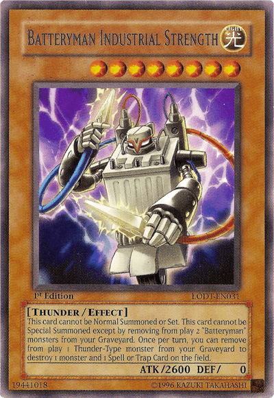 The "Yu-Gi-Oh!" trading card named "Batteryman Industrial Strength [LODT-EN031] Rare" features a Rare Effect Monster with a robotic figure boasting a battery body, electrical arms, and a volt meter on its chest. This 1st Edition card is part of the Light of Destruction set, has a "Light" attribute, and boasts 2600 attack and 0 defense points.