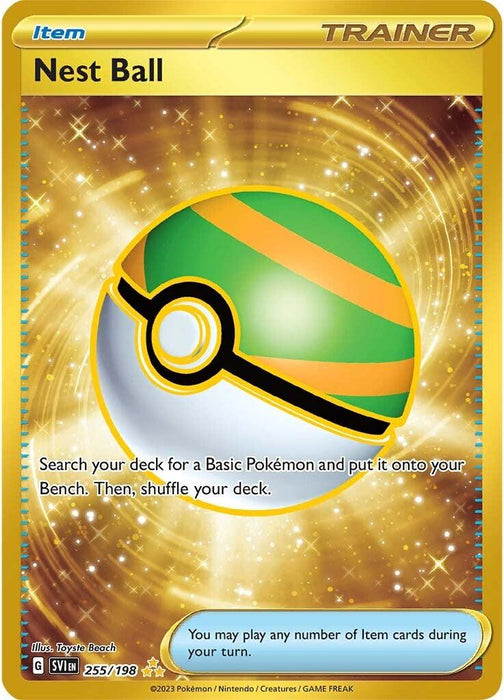 Image of a Pokémon TCG card named "Nest Ball (255/198) [Scarlet & Violet: Base Set]," a Secret Rare from the Pokémon brand. This item card boasts a gold, shiny border with a central image of a green and orange-striped Poké Ball. The text reads, "Search your deck for a Basic Pokémon and put it onto your Bench. Then, shuffle your deck.