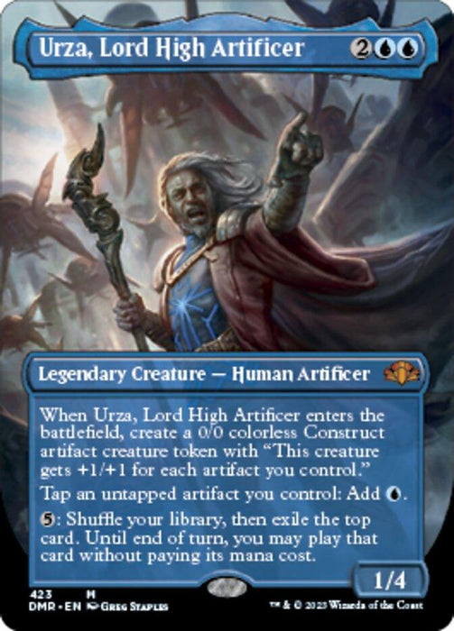 A Magic: The Gathering card titled "Urza, Lord High Artificer (Borderless Alternate Art) [Dominaria Remastered]," featured in Dominaria Remastered. This blue Legendary Creature – human artificer with a casting cost of 2UU can create Construct tokens, grant artifact effects, and allow mana tapping. It is 1/4 with stunning art by Greg Staples.