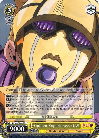 The image is of a trading card from the JoJo's Bizarre Adventure series, featuring an illustration of a character with a serious expression and unique headgear. The card, titled "Golden Experience, G.W (JJ/S66-TE06 TD) [JoJo's Bizarre Adventure: Golden Wind]," belongs to the Golden Wind Trial Deck and boasts 9000 power, distinct abilities, and a detailed description of its effects. The card is produced by Bushiroad.