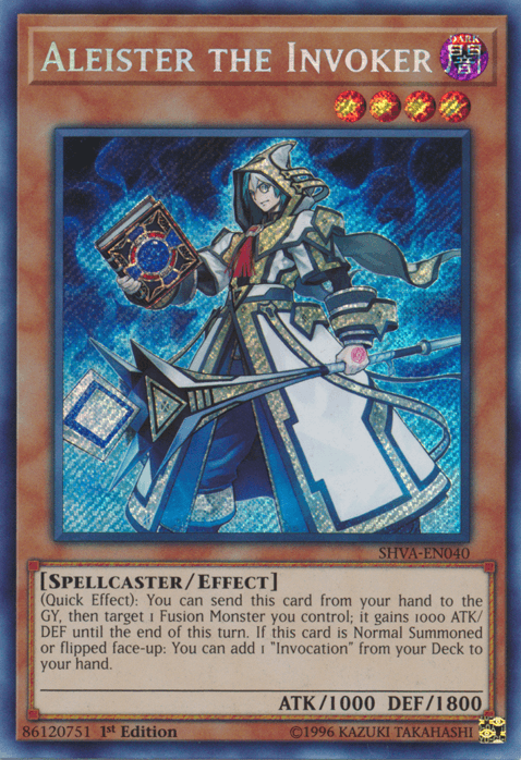 An Aleister the Invoker [SHVA-EN040] Secret Rare Yu-Gi-Oh! trading card. The card depicts a cloaked spellcaster holding an open book with magical symbols against a mystical, starry night. Text details the Effect Monster's abilities: boosting a Fusion Monster's power and adding an "Invocation" card to the player's hand.