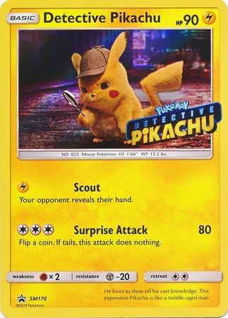 A Pokémon trading card featuring Detective Pikachu (SM170) (Detective Pikachu Stamped) [Sun & Moon: Black Star Promos] from the Sun & Moon series. Pikachu dons a detective hat and holds a magnifying glass. The Black Star Promo card has 90 HP with two moves: Scout and Surprise Attack. A city scene with neon lights serves as the backdrop, complementing the text and details about its moves.