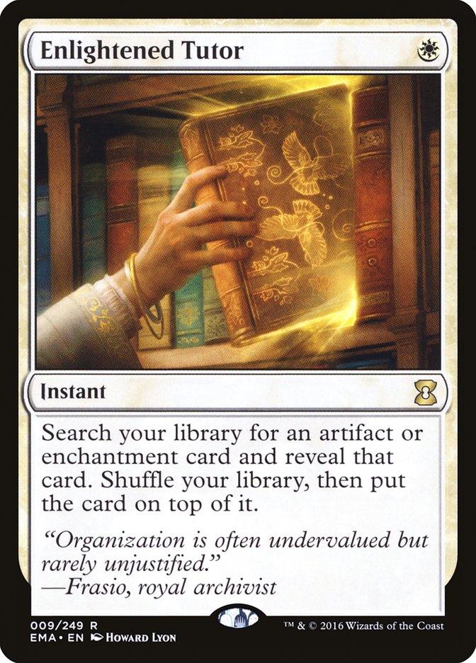 An **Enlightened Tutor [Eternal Masters]** card from **Magic: The Gathering**. It depicts a hand holding a glowing, ornate book with intricate designs. The card has white borders, costs one white mana to cast, and is of the Instant type. Part of the Eternal Masters set, it lets you search for an enchantment or artifact. The text box provides details about the card's effect and flavor text from Fr