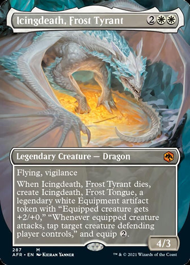 The Magic: The Gathering card "Icingdeath, Frost Tyrant" (Borderless Alternate Art) from "Dungeons & Dragons: Adventures in the Forgotten Realms" is inspired by Dungeons & Dragons. It features a majestic white dragon set against icy surroundings and is a Legendary Creature—Dragon that possesses flying and vigilance abilities, with a mana cost of two generic and two white mana.