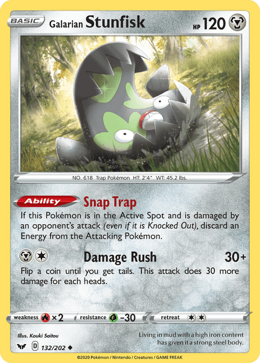 A Pokémon Galarian Stunfisk (132/202) [Sword & Shield: Base Set] card featuring Galarian Stunfisk from the Sword & Shield series. It has 120 HP and is of Metal type. The card showcases two abilities: "Snap Trap" and "Damage Rush." It includes pertinent combat details like weakness, resistance, and retreat cost. Illustrated by Kouki Saitou, it's marked as number 132/202.