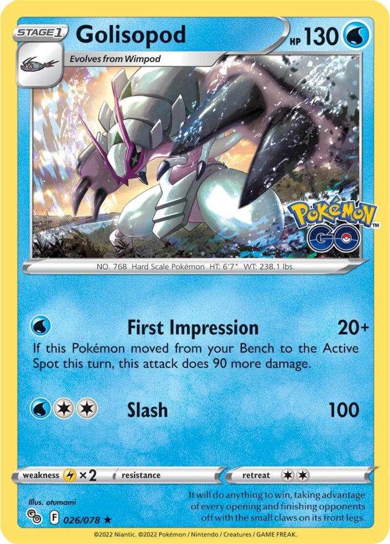 The image showcases a rare Pokémon trading card from the Pokémon GO series, featuring Golisopod (026/078). This Stage 1 Water-type Pokémon has 130 HP and evolves from Wimpod. It highlights two attacks: 