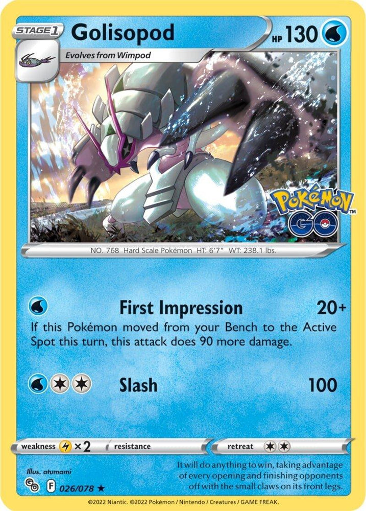 The image showcases a rare Pokémon trading card from the Pokémon GO series, featuring Golisopod (026/078). This Stage 1 Water-type Pokémon has 130 HP and evolves from Wimpod. It highlights two attacks: "First Impression" and "Slash." The card features dynamic artwork of Golisopod in an action pose.