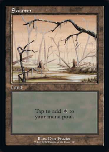 A Magic: The Gathering card titled "Swamp (Retro) (587)" from the 30th Anniversary Edition, showcasing Dan Frazier's artwork of a gloomy swamp with leafless trees, murky water, and a misty atmosphere. As a Basic Land card, it features a brown frame and includes the text: "Tap to add {B} to your mana pool.