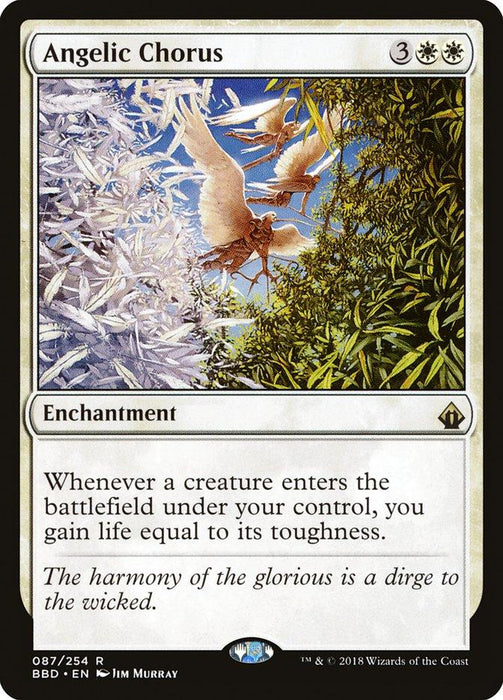 A Magic: The Gathering card named Angelic Chorus [Battlebond] with a casting cost of 3 generic and 2 white mana. This rare enchantment from Battlebond features flying angels in a lush, forested setting with white and green foliage. The effect grants life equal to a creature's toughness entering the battlefield.