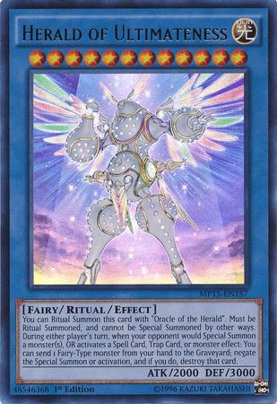A Yu-Gi-Oh! trading card titled Herald of Ultimateness [MP15-EN157] Ultra Rare. This Ultra Rare Ritual/Effect Monster features an armored, humanoid fairy with glowing wings holding orbs of light. The radiant, cosmic background complements its 2000 ATK and 3000 DEF. Detailed text describes the card's formidable abilities and effects.