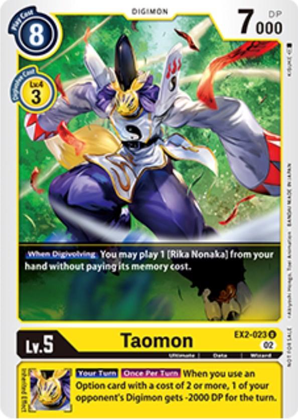 Introducing the Digimon Tamer Party Vol. 6 Promo: Taomon [EX2-023] from the Digital Hazard Promos series! This stunning card features the fox-like Digimon, Taomon, in a dynamic pose with flowing robes and mystical symbols. Boasting stats of 8 energy, 7000 power, and level 5, this card is a force to be reckoned with. Its special abilities include using a 