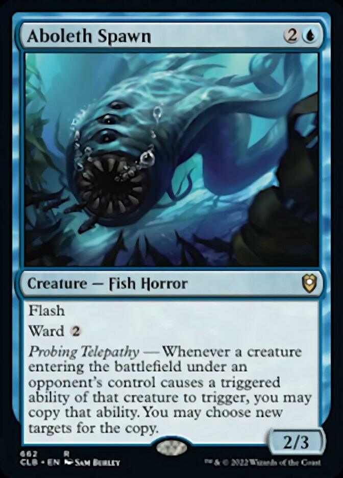 A Magic: The Gathering card from Commander Legends: Battle for Baldur's Gate features "Aboleth Spawn," a Creature - Fish Horror. With a blue color scheme, the card costs 2 blue mana and 1 generic mana to cast. It has 2 power and 3 toughness, includes Flash and Ward 2, and wields "Probing Telepathy" to copy triggered abilities.