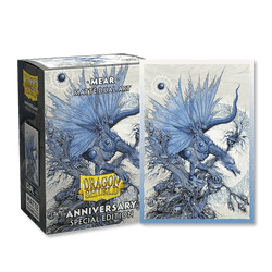 The image shows an Arcane Tinmen box with artwork titled "Mear" in a special edition for their anniversary. The box and corresponding TCG card feature intricate, swirling designs of a blue, mechanical dragon-like creature with large wings against a light background, perfectly matching the Dragon Shield: Standard 100ct Sleeves - Special Anniversary - Mear (Dual Matte).