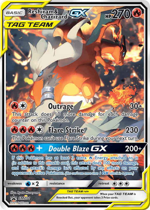 A Reshiram & Charizard GX (SM201) [Sun & Moon: Black Star Promos] Pokémon card from the Sun & Moon series. This Black Star Promo with 270 HP features a Tag Team of dragon and fire types. It includes three main attacks: Outrage, Flare Strike, and Double Blaze GX. Illustrated by Eske Yoshinob, the card is numbered SM201 and is holographic.