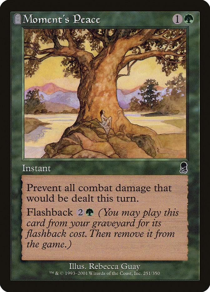 The Magic: The Gathering card "Moment's Peace [Odyssey]" is an instant that costs 1 green mana and one generic mana to cast. It prevents all combat damage for the turn and features artwork by Rebecca Guay, depicting a tranquil sunset scene beneath a large tree. The card includes a Flashback ability for 2 green mana, is part of the Odyssey set, and is numbered 231 out of 350.