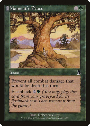 The Magic: The Gathering card "Moment's Peace [Odyssey]" is an instant that costs 1 green mana and one generic mana to cast. It prevents all combat damage for the turn and features artwork by Rebecca Guay, depicting a tranquil sunset scene beneath a large tree. The card includes a Flashback ability for 2 green mana, is part of the Odyssey set, and is numbered 231 out of 350.