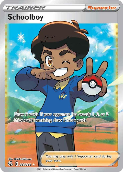 A trading card titled "Schoolboy (261/264) [Sword & Shield: Fusion Strike]" by Pokémon depicts an animated boy with dark hair and brown skin, smiling with closed eyes, wearing a blue sweater and white shirt. The boy holds up a peace sign with one hand and a Poké Ball with the other. Part of the Sword & Shield series, this Ultra Rare card details his abilities in the game.