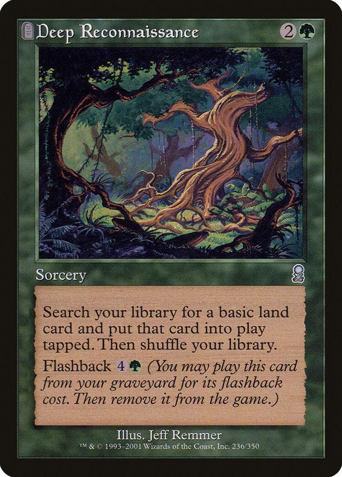 Magic: The Gathering card titled "Deep Reconnaissance [Odyssey]." The card shows a dense forest clearing with twisted and gnarled trees. Odyssean text reads: "Search your library for a basic land card and put that card into play tapped. Then shuffle your library. Flashback 4G (cost and play description)." Illustration by Jeff Remmer.