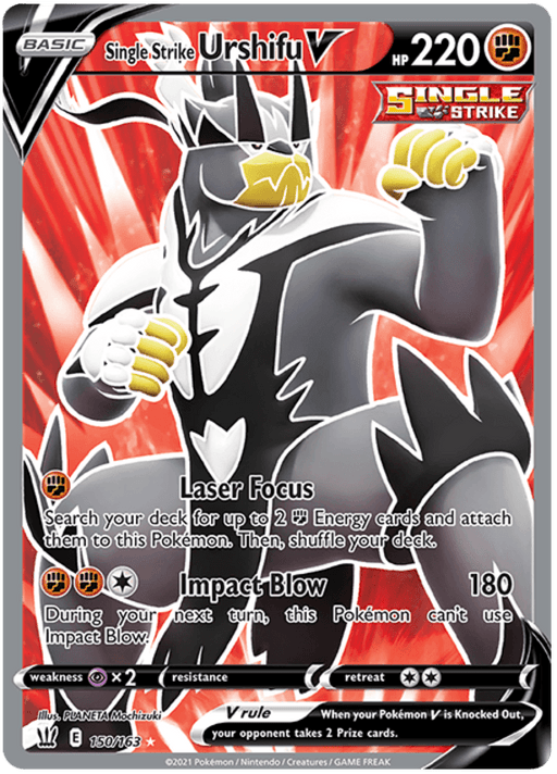 A Pokémon card featuring Single Strike Urshifu V (150/163) [Sword & Shield: Battle Styles], a bear-like creature. It is black and white with yellow markings and clenched fists. The card has 220 HP and belongs to the Single Strike Battle Styles category. Its attacks are Laser Focus and Impact Blow. This Ultra Rare card is produced by Pokémon.