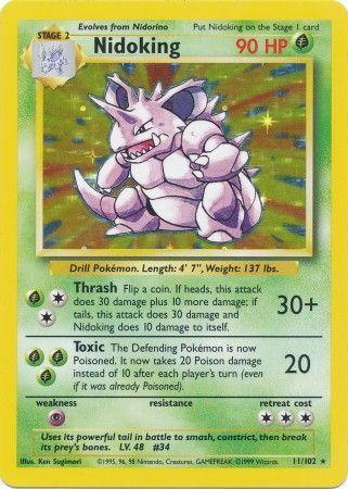The image showcases a Pokémon trading card of Nidoking (11/102) [Base Set Unlimited], a Stage 2 evolved form of Nidorino. This Holo Rare card from the Pokémon brand has 90 HP and features moves "Thrash" and "Toxic." It pictures the purple, armored Pokémon amid details like weight, height, illustrator name, rarity, and series information.