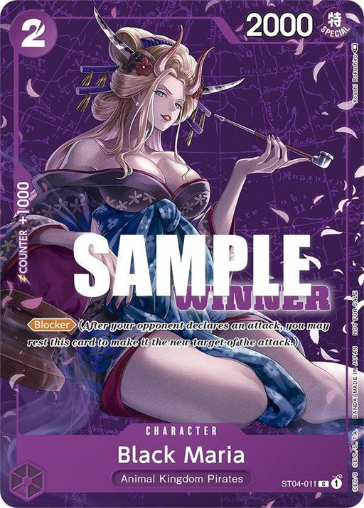 This Black Maria (Tournament Pack Vol. 2) [Winner] [One Piece Promotion Cards] by Bandai features Black Maria from Animal Kingdom Pirates. She has long blonde hair adorned with a purple headpiece and is dressed in a revealing black and blue outfit. The card, marked "SAMPLE," boasts 2000 Power for a 2-cost and includes a striking purple background.
