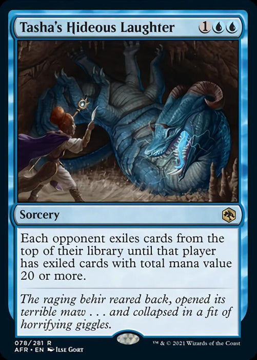 A fantasy-themed card from Magic: The Gathering depicting a spell called "Tasha's Hideous Laughter [Dungeons & Dragons: Adventures in the Forgotten Realms]." The artwork shows a mage in a purple cloak casting a rare sorcery at a large blue serpentine behir, causing it to collapse in laughter. The card text details the spell's effects and flavor text.