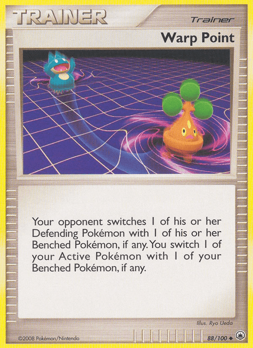 A Pokémon Trainer card named "Warp Point (88/100) [Diamond & Pearl: Majestic Dawn]" from the 2008 Pokémon series, part of the Majestic Dawn set under Diamond & Pearl. This uncommon card features an illustration by Ryo Ueda of two Pokémon moving through a warp vortex and is numbered 88/100.