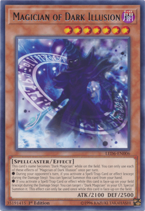 The image shows a "Yu-Gi-Oh!" trading card called "Magician of Dark Illusion [LED6-EN006] Rare." It depicts a dark-clad magician surrounded by a swirling vortex of purple energy with glowing magical runes. The card has 7 stars, "DARK" attribute, and an ATK of 2100 and DEF of 2500. Part of the "Legendary Duelists.