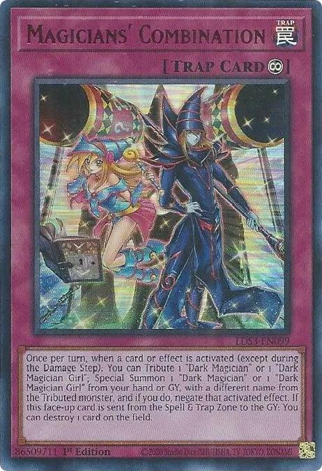 A Yu-Gi-Oh! trap card titled "Magicians' Combination (Red) [LDS3-EN099] Ultra Rare," featuring two characters: a female magician in a pink and blue outfit and Dark Magician in dark armor. The card's background is a mystical, colorful swirl. This Continuous Trap details its gameplay effect and activation conditions.