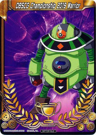 A brightly colored card showcases a green robot with red and black accents standing on a vibrant, cosmic background. The top reads "DBSCG Championship 2019 Warrior (Merit Card) - Universe 3 'Mosco' (3) [Tournament Promotion Cards]". A golden trophy and laurel wreath adorn the card's bottom area, highlighting its special edition status as one of the Dragon Ball Super tournament promotion cards.