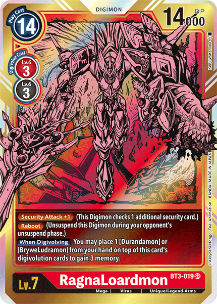 A Digimon card featuring RagnaLoardmon [BT3-019] (Alternate Art) [Release Special Booster Ver.1.5], a fierce, armored dragon-like creature wielding large, fiery weapons. The background showcases a dramatic scene with flames and lightning. Stats: Play Cost 14, DP 14,000, Digivolve Cost 3 from level 6. Part of Special Booster Ver.1.5 and contains detailed abilities and effects.

