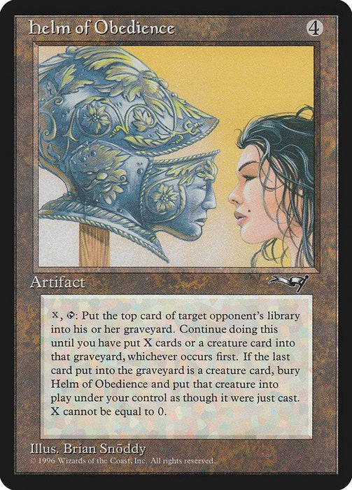 A Magic: The Gathering card titled "Helm of Obedience [Alliances]." This rare artifact features an illustration by Brian Snõddy of a helmet with a sculpted face, worn by a figure with a contemplative expression. Against a light yellow and blue background, its ability involves controlling an opponent's graveyard and creatures.