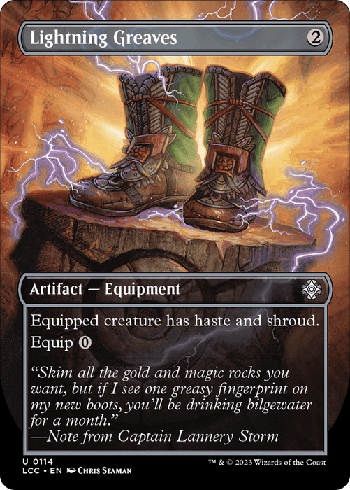 A Magic: The Gathering card titled "Lightning Greaves (Borderless) [The Lost Caverns of Ixalan Commander]" from the Magic: The Gathering set. It costs 2 colorless mana and is an artifact equipment. The illustration shows enchanted boots with bolts of lightning and energy surrounding them. The text describes the card's ability to grant haste and shroud to an equipped creature at no cost.