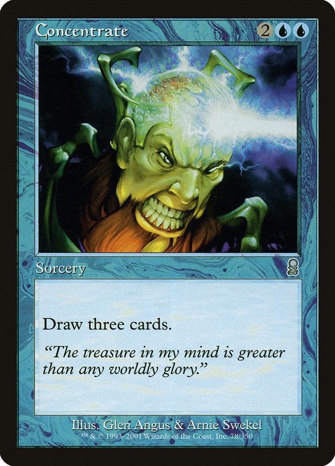 A "Magic: The Gathering" trading card titled *Concentrate* from the Odyssey set. It requires two blue mana and two generic mana to cast this Sorcery. The artwork showcases a green-skinned figure surrounded by a glowing, lightning-like effect around its head. Beneath the image, the card text reads, "Draw three cards," accompanied by flavor text emphasizing treasure within the mind.