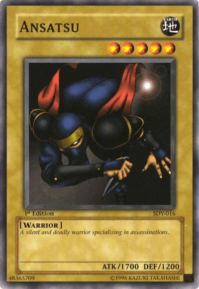 A Yu-Gi-Oh! trading card named Ansatsu [SDY-016] from Starter Deck: Yugi features a Common 1st Edition Normal Monster with an Earth attribute, five stars, and stats of 1700 attack points and 1200 defense points. The card depicts a ninja-like warrior crouched with a sword and contains the text: “A silent and deadly warrior specializing in assassinations.”