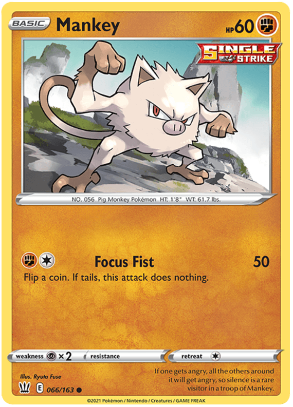 A Pokémon trading card featuring Mankey (066/163) [Sword & Shield: Battle Styles], a pig monkey Pokémon from the Sword & Shield series. Mankey is depicted climbing in rocky terrain, with raised fists and an angry expression. The card details include its number (056), weight (61.7 lbs), height (1'8