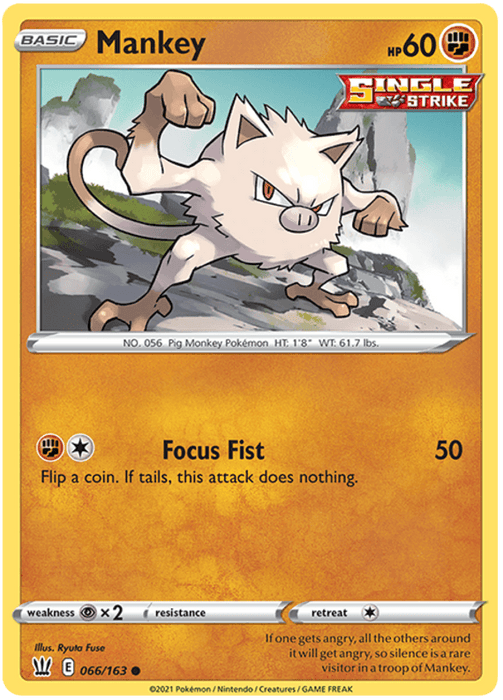 A Pokémon trading card featuring Mankey (066/163) [Sword & Shield: Battle Styles], a pig monkey Pokémon from the Sword & Shield series. Mankey is depicted climbing in rocky terrain, with raised fists and an angry expression. The card details include its number (056), weight (61.7 lbs), height (1'8"), and its attack "Focus Fist" from the Battle Styles set, with a damage potential of

