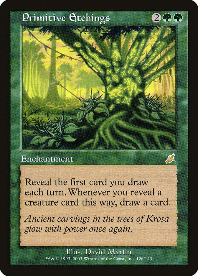 Primitive Etchings [Scourge], a Magic: The Gathering card, features a green border and costs 2 generic mana and 2 green mana. This rare enchantment reveals the first card drawn each turn, allowing you to draw another card if it’s a creature. The illustration depicts ancient glowing carvings on forest trees.