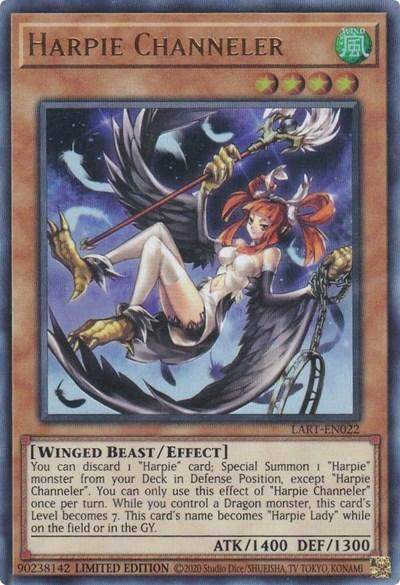 An image of a Yu-Gi-Oh! card named "Harpie Channeler [LART-EN022] Ultra Rare." The card features artwork of a winged female character with red hair holding a staff and sitting on a crescent moon. This WIND attribute Winged Beast/Effect Monster boasts 1400 ATK and 1300 DEF points.