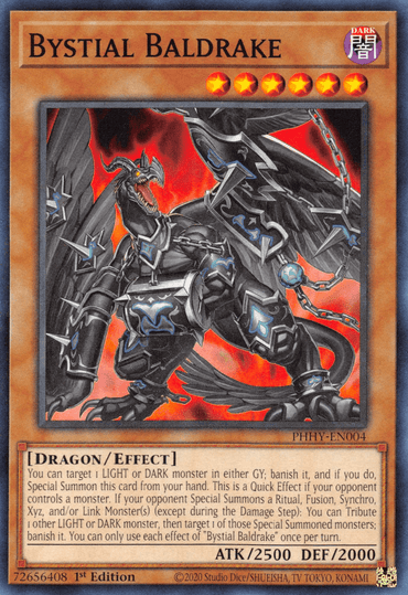 A Yu-Gi-Oh! card titled "Bystial Baldrake [PHHY-EN004] Common." This Effect Monster features a dark, menacing dragon with chains and sharp armor on a fiery background. With an ATK of 2500 and DEF of 2000, its text describes effects related to Special Summon and banishing LIGHT or DARK monsters from the Graveyard.