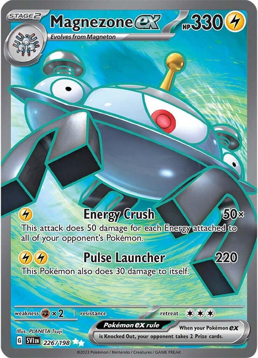 A Pokémon trading card from the Scarlet & Violet series featuring **Magnezone ex (226/198) [Scarlet & Violet: Base Set]** with 330 HP. It evolves from Magneton. This Secret Rare card includes two attacks: Lightning Crush, which does 50x damage for each Energy attached to all opponent's Pokémon, and Pulse Launcher, which does 220 damage but also 30 to Magnezone ex. The border is blue, with details on the **Pokémon** brand name.