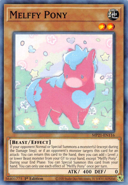 The image features a "Melffy Pony [MP21-EN116] Common" Yu-Gi-Oh! trading card from the 2021 Tin of Ancient Battles. This Effect Monster showcases a cartoonish, pink and blue pony with a happy expression against a pastel yellow background adorned with stars and swirls. It has 400 ATK and 0 DEF points detailed in its text.