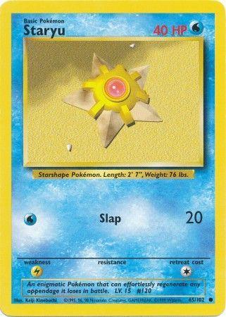 An image of a Staryu (65/102) [Base Set Unlimited] Pokémon trading card from the Base Set Unlimited series. It features a yellow starfish-like creature with a red gem in the center, denoting its Water type. The Common card shows Staryu has 40 HP, the move "Slap" that deals 20 damage, and details about its length, weight, and characteristics at the bottom. The card is