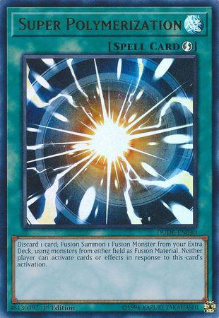 An image of a Yu-Gi-Oh! card titled "Super Polymerization [DUDE-EN040] Ultra Rare" from the Duel Devastator set. The Quick Play Spell's illustration features a dynamic burst of blue and white energy radiating outward. Below, the card text reads: "Discard 1 card; Fusion Summon 1 Fusion Monster using monsters from either field as Fusion Material. Neither player can activate cards or effects.