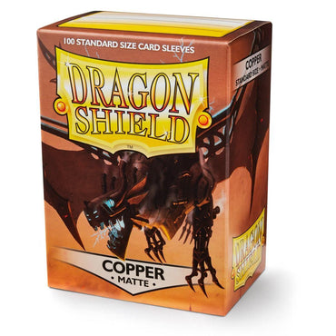 Arcane Tinmen's Dragon Shield: Standard 100ct Sleeves - Copper (Matte) feature durable card sleeves with a stylized dragon and metallic accents. "Copper" and "Matte" appear prominently on the packaging.