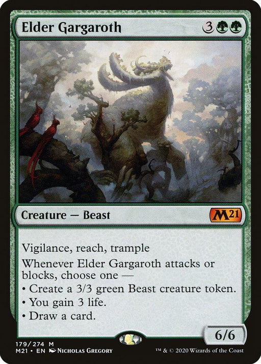 Magic: The Gathering card "Elder Gargaroth [Core Set 2021]" features a large, dinosaur-like creature with foliage on its back, standing majestically in a dense, foggy forest. With abilities like vigilance and reach, it boasts multiple effects when it attacks or blocks. The card's power and toughness are 6/6.